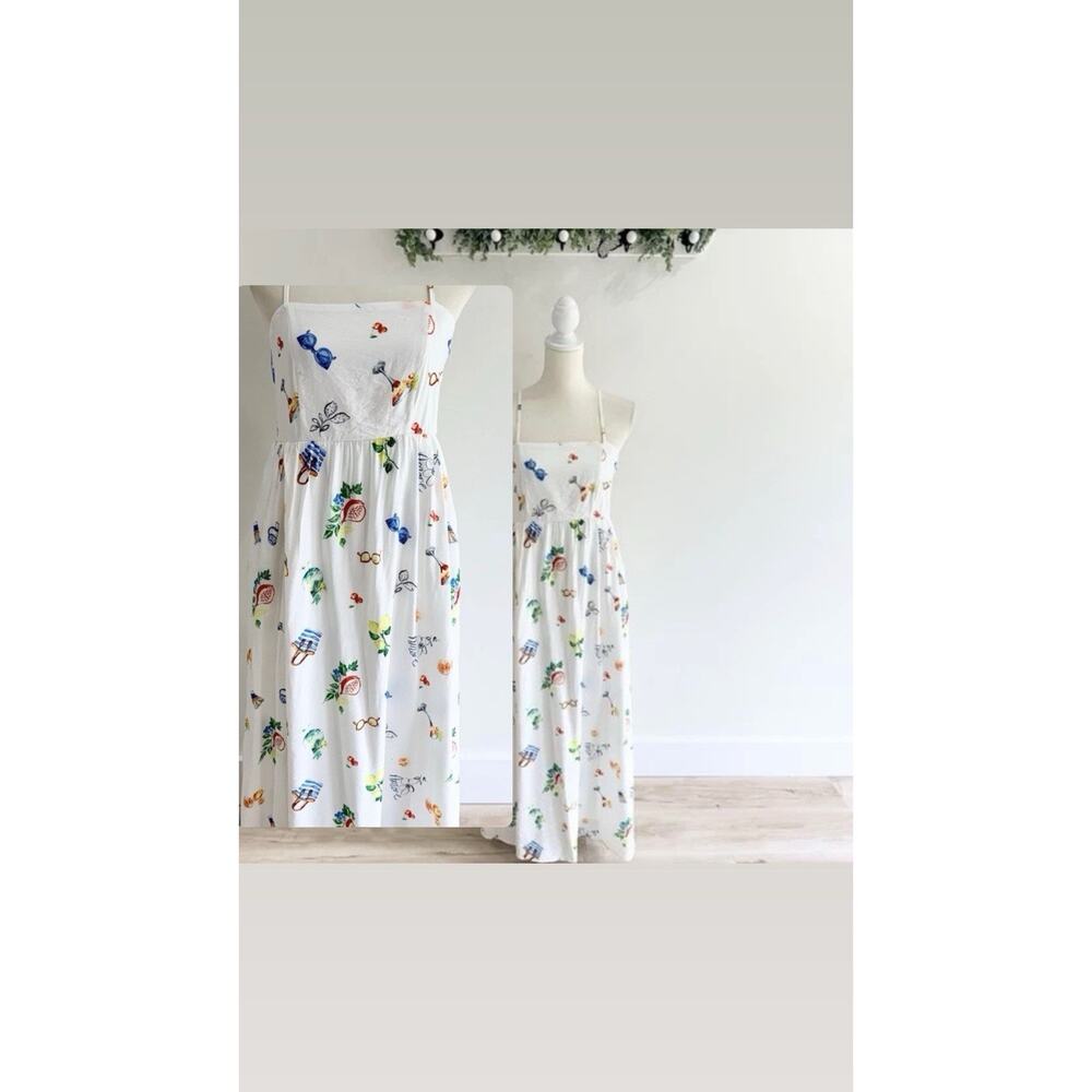Rachel Zoe White Picnic Print Maxi Dress Europe Summer Size 8 LL5051 cruise